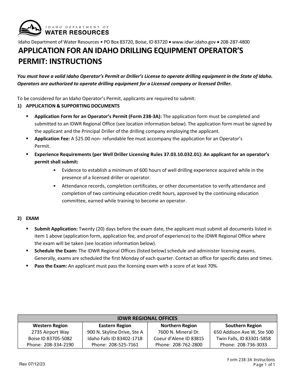 Form 238-3A Application for an Idaho Drilling Equipment Operators Permit - Idaho, Page 1