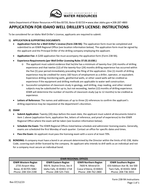 Form 238-9A Application for Idaho Well Driller's License - Idaho