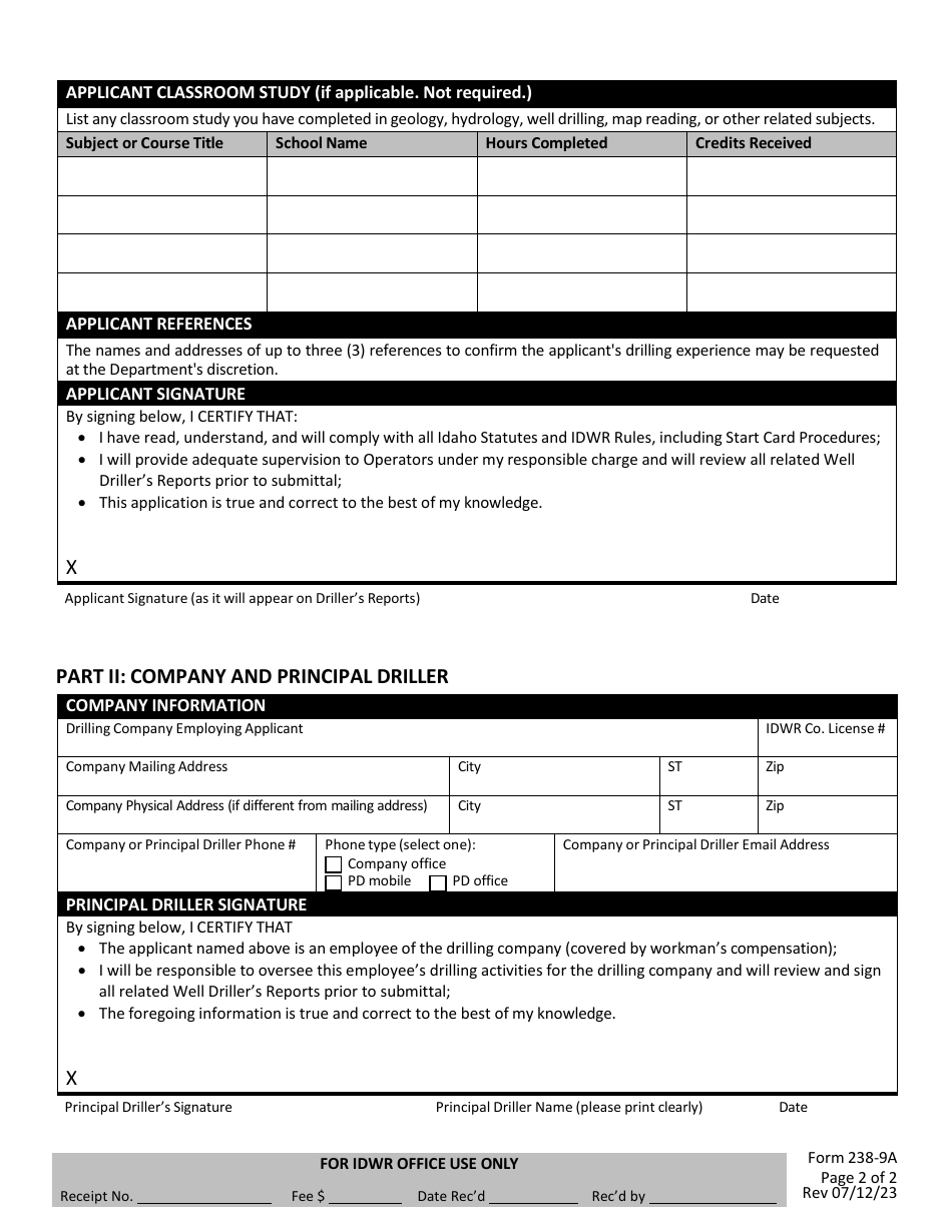Form 238-9A Application for Idaho Well Drillers License - Idaho, Page 3