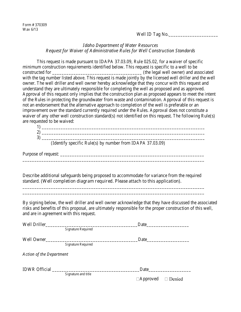 Form 370309 Request for Waiver of Administrative Rules for Well Construction Standards - Idaho, Page 2