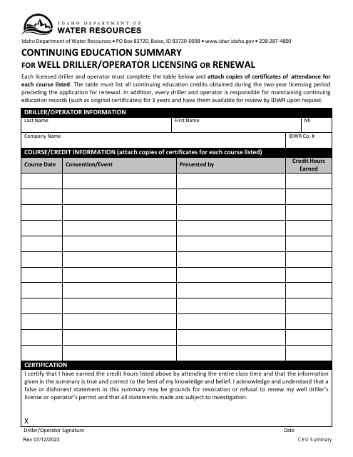 Continuing Education Summary for Well Driller / Operator Licensing or Renewal - Idaho Download Pdf