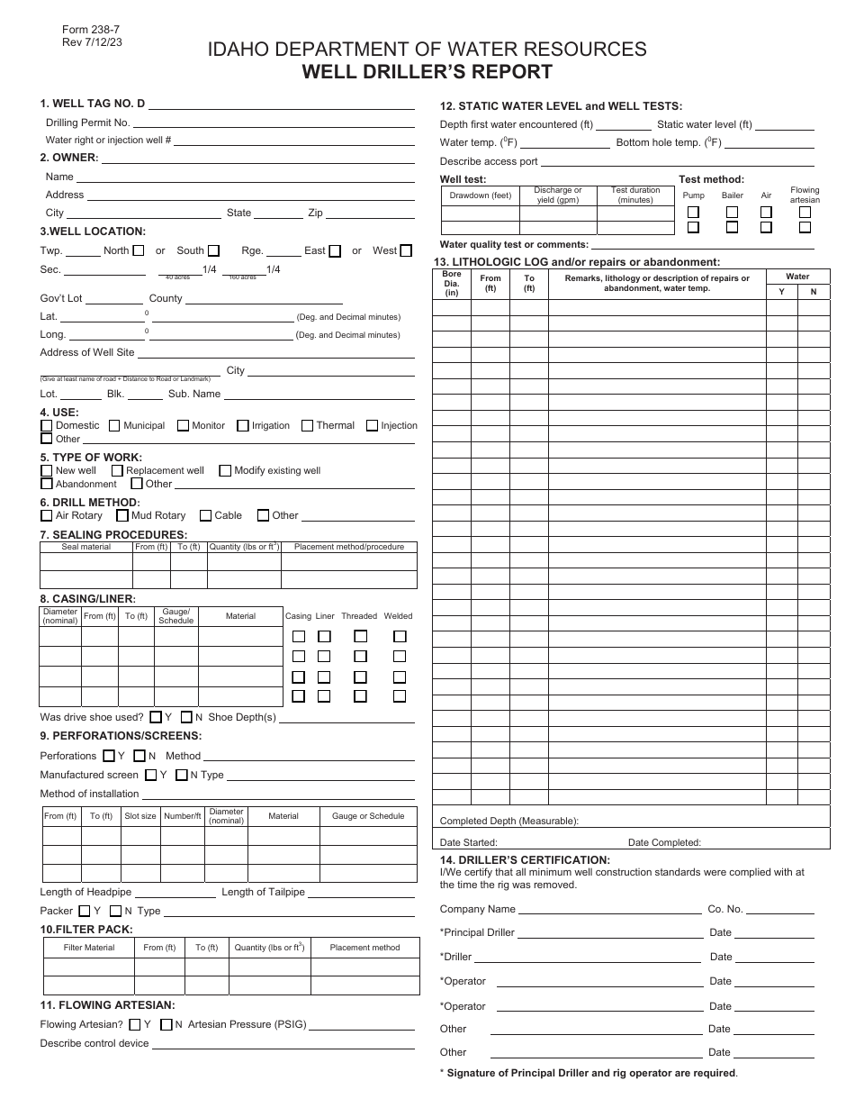 Form 238-7 Well Drillers Report - Idaho, Page 1