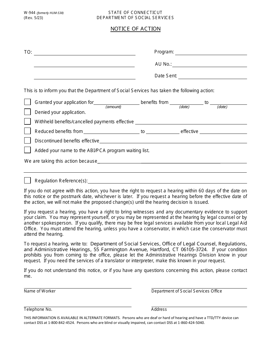Form W-944 Notice of Action - Connecticut (English / Spanish), Page 1