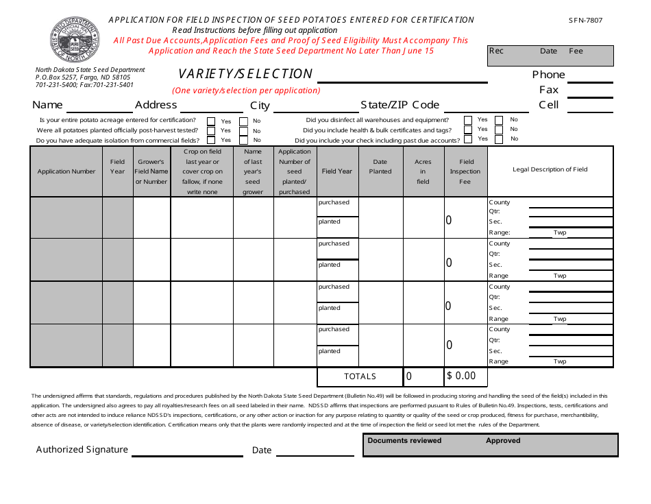 Form SFN-7807 Application for Field Inspection of Seed Potatoes Entered for Certification - North Dakota, Page 1