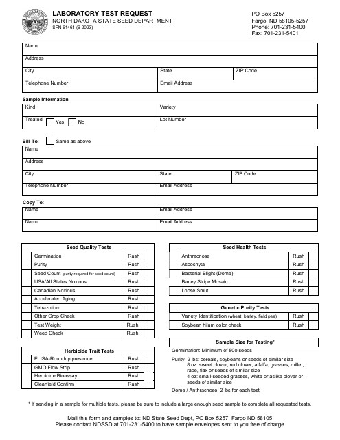 Form SFN61461 Laboratory Test Request - North Dakota