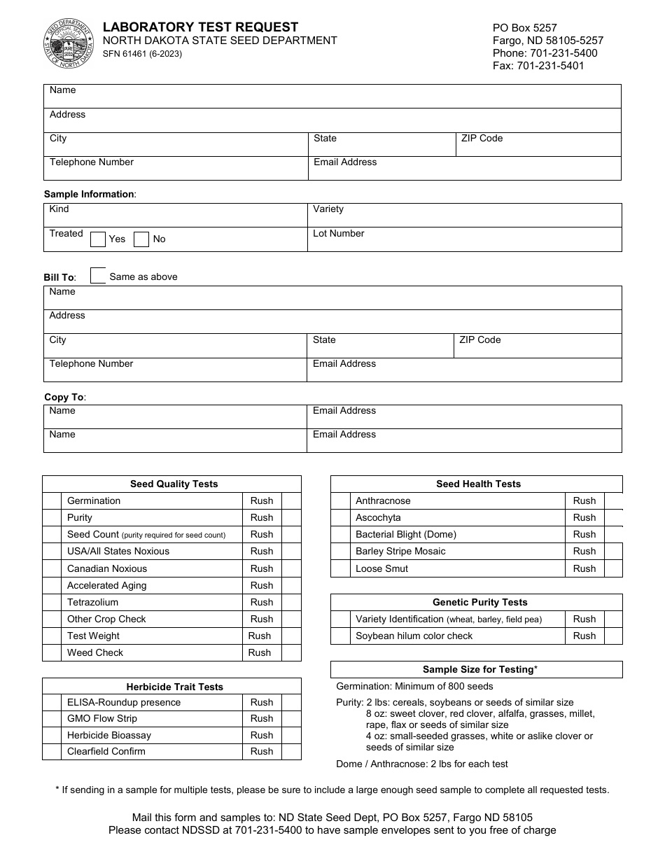 Form SFN61461 Laboratory Test Request - North Dakota, Page 1