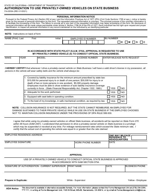 Form FA-0205A  Printable Pdf