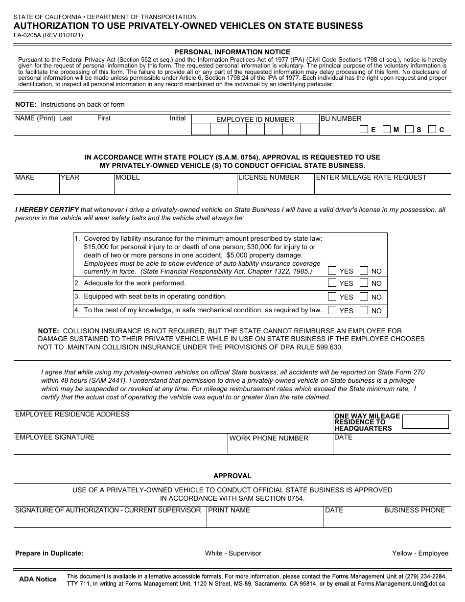 Form FA-0205A Authorization to Use Privately-Owned Vehicles on State Business - California, Page 1