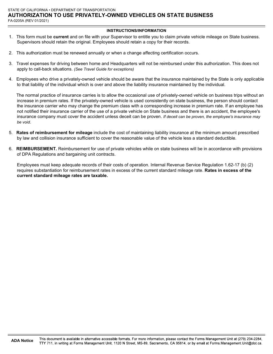 Form FA-0205A Authorization to Use Privately-Owned Vehicles on State Business - California, Page 2