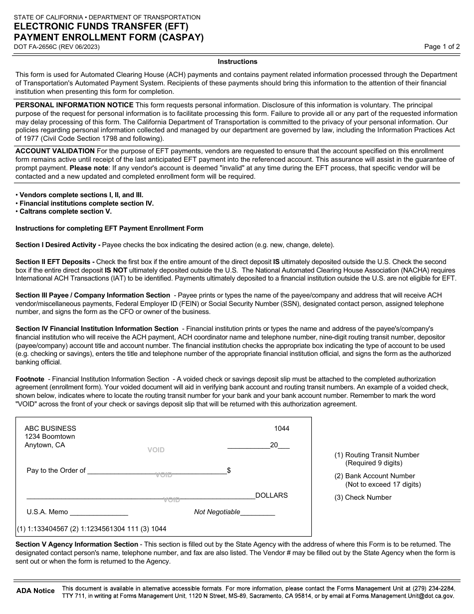 Form DOT FA-2656C Electronic Funds Transfer (Eft) Payment Enrollment Form (Caspay) - California, Page 1