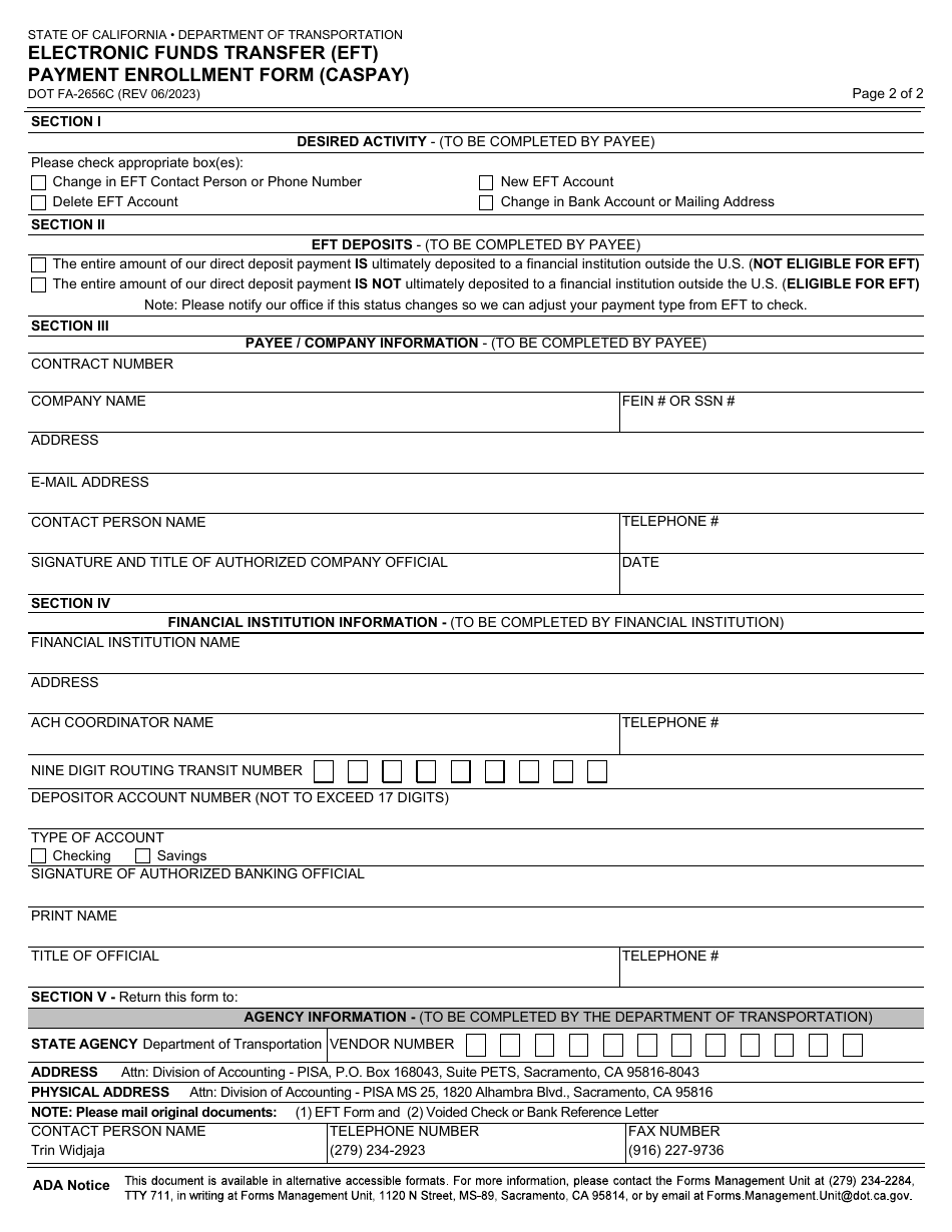 Form DOT FA-2656C Electronic Funds Transfer (Eft) Payment Enrollment Form (Caspay) - California, Page 2