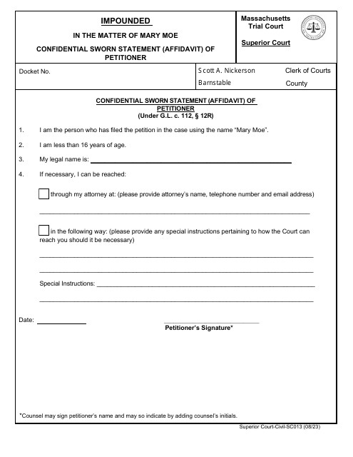Form SC013 Mary Moe Confidential Sworn Statement (Affidavit) of Petitioner - Massachusetts