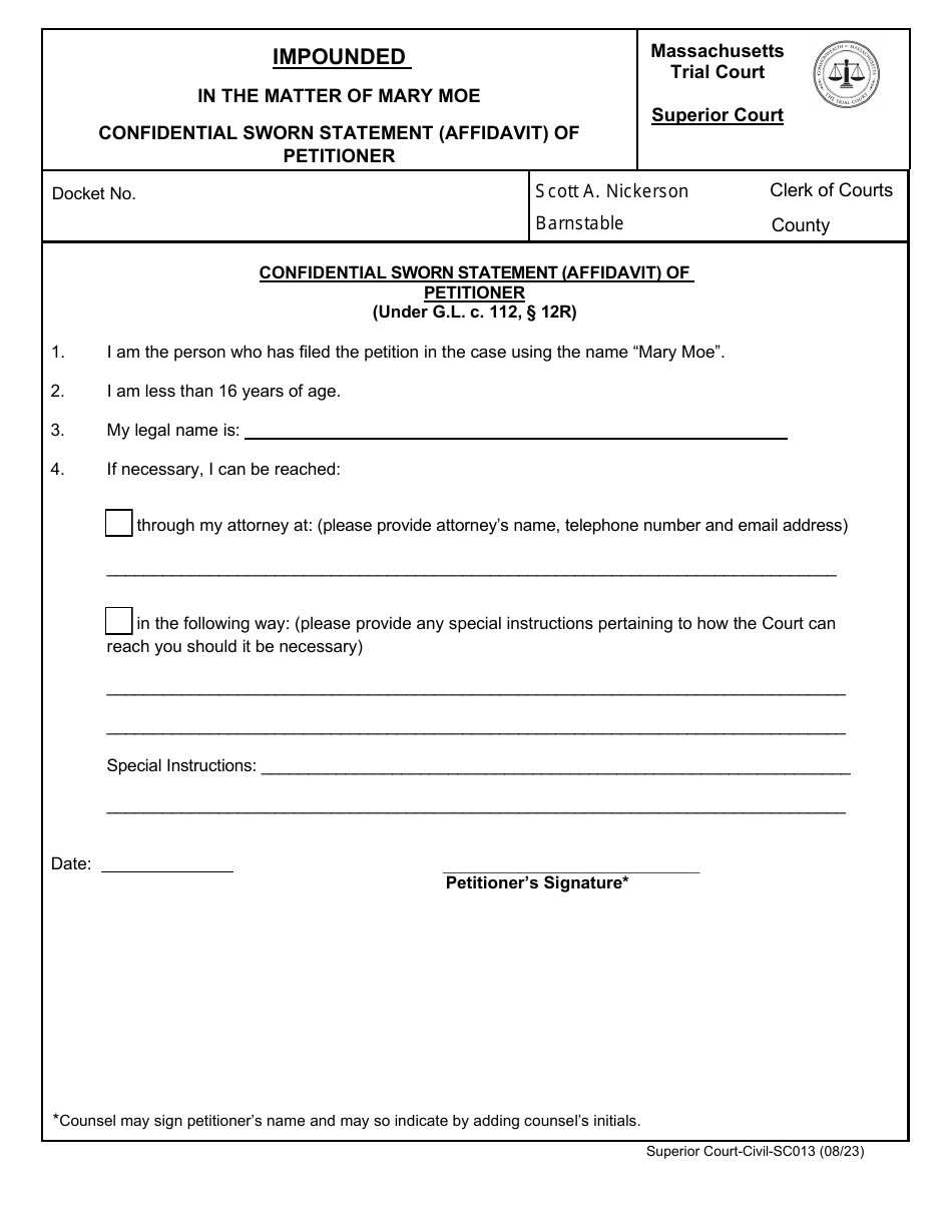 Form SC013 Mary Moe Confidential Sworn Statement (Affidavit) of Petitioner - Massachusetts, Page 1
