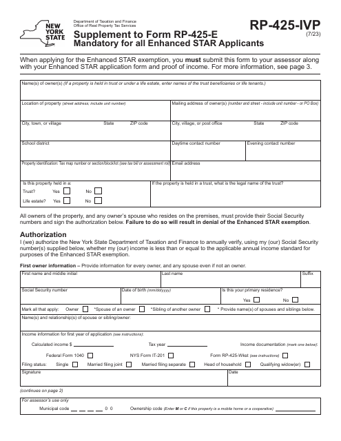 Form RP-425-IVP Supplement to Form Rp-425-e - New York