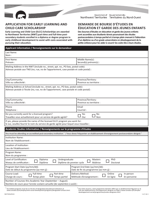 Form NWT9256 Application for Early Learning and Child Care Scholarship - Northwest Territories, Canada (English/French)