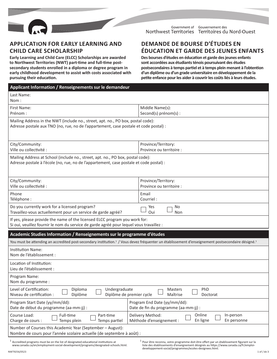 Form NWT9256 Application for Early Learning and Child Care Scholarship - Northwest Territories, Canada (English / French), Page 1