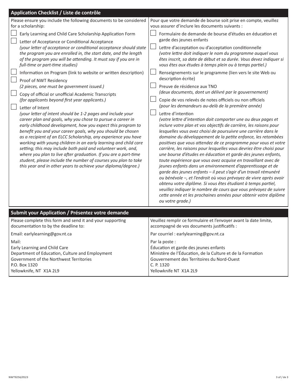 Form NWT9256 Application for Early Learning and Child Care Scholarship - Northwest Territories, Canada (English / French), Page 3