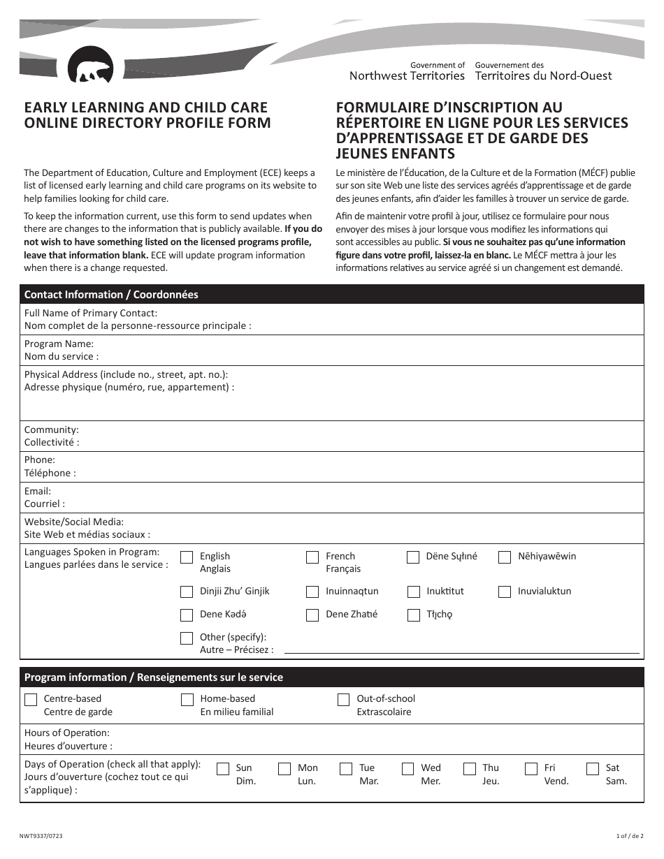 Form NWT9337 Early Learning and Child Care Online Directory Profile Form - Northwest Territories, Canada (English / French), Page 1