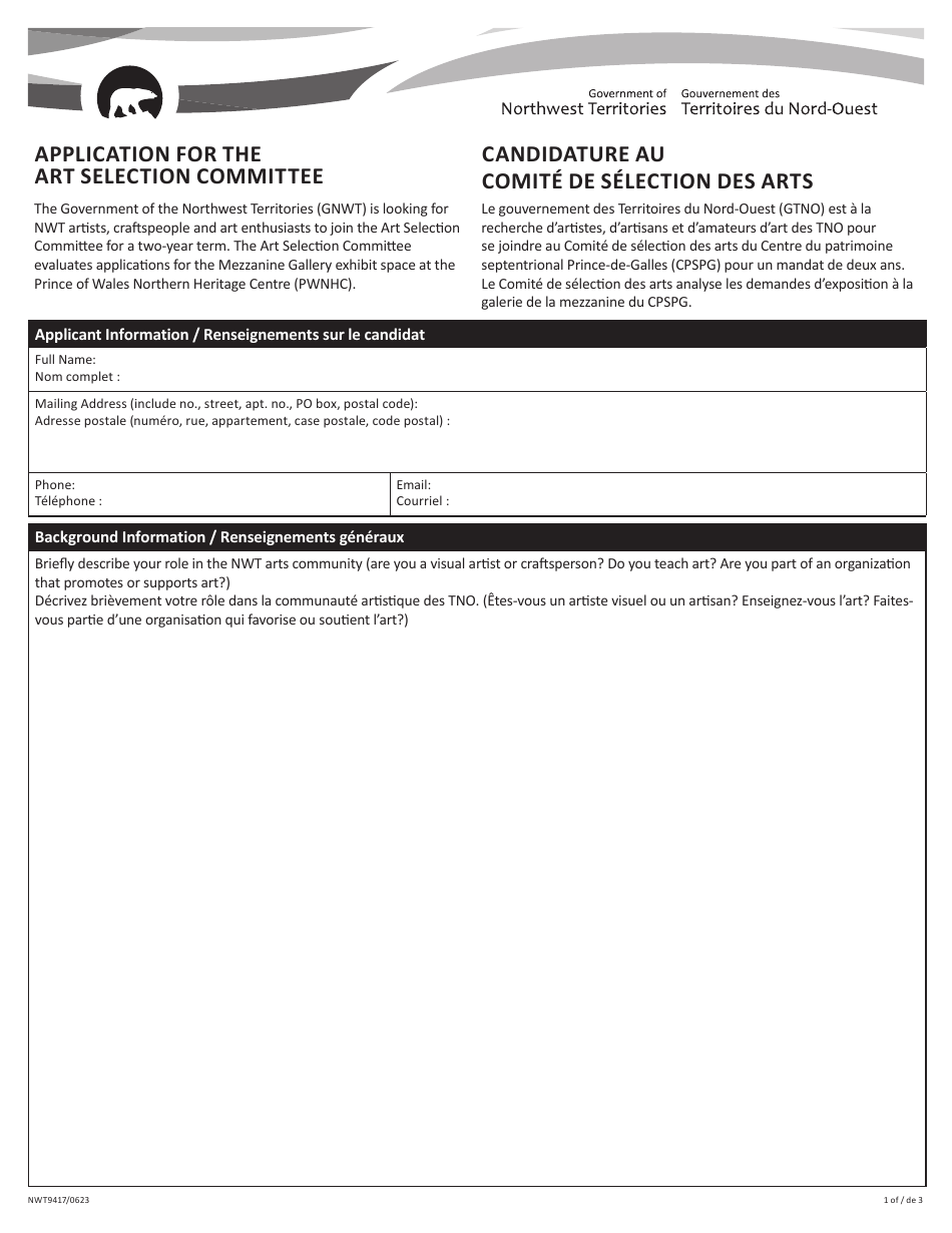 Form NWT9417 Application for the Art Selection Committee - Northwest Territories, Canada (English / French), Page 1