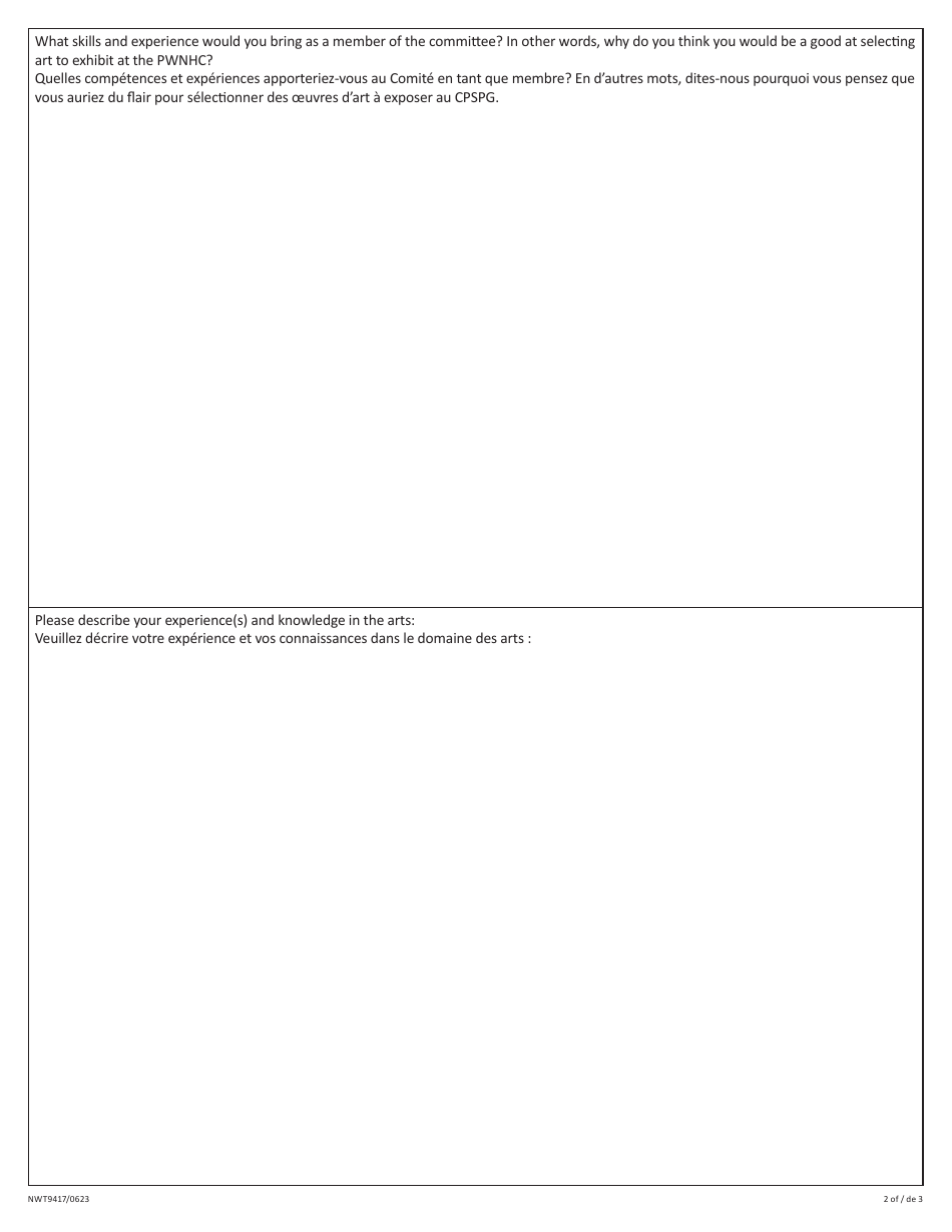 Form NWT9417 Application for the Art Selection Committee - Northwest Territories, Canada (English / French), Page 2