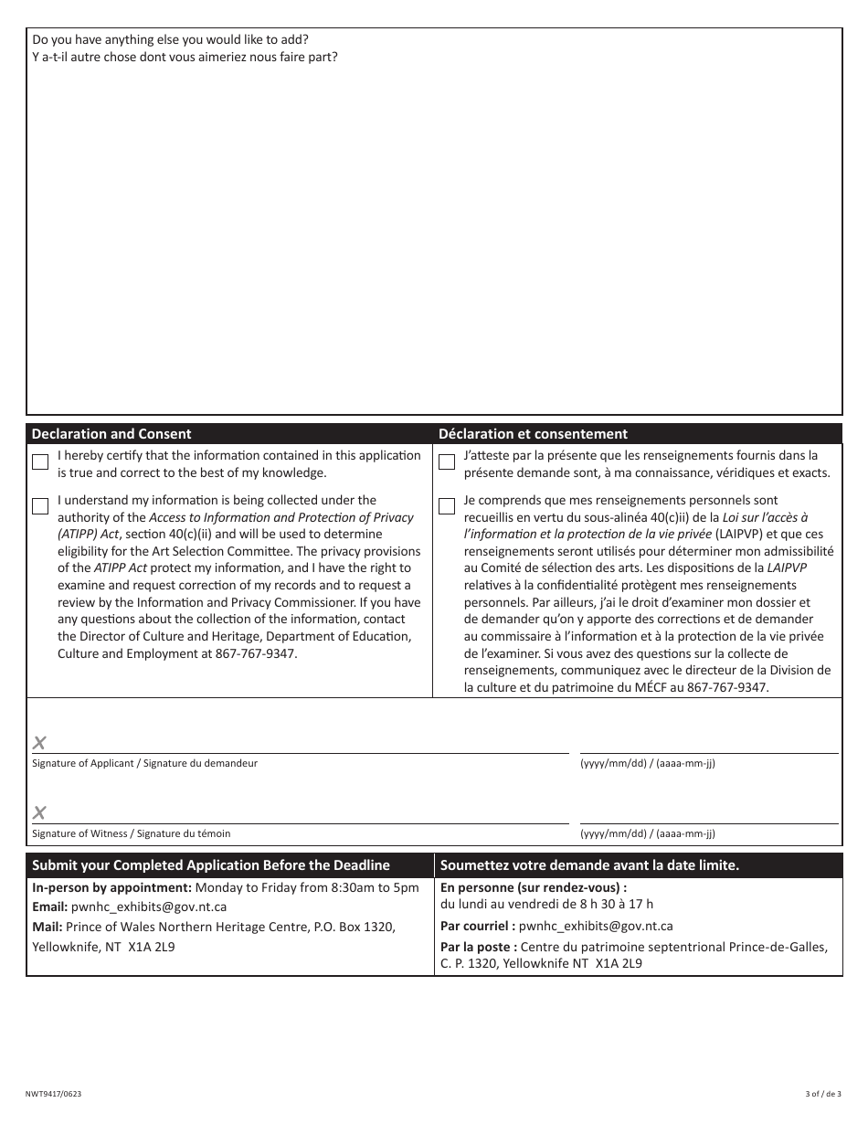 Form NWT9417 Application for the Art Selection Committee - Northwest Territories, Canada (English / French), Page 3