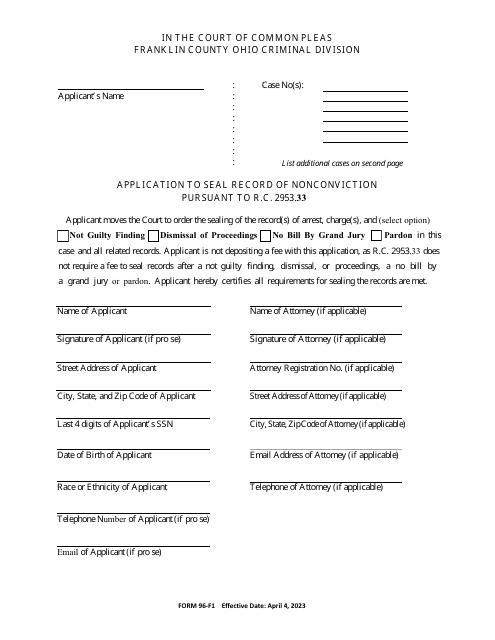 Form 96-F1 Application to Seal Record of Nonconviction - Franklin County, Ohio