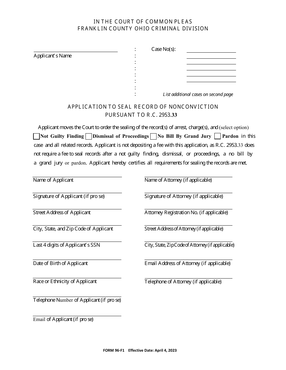 Form 96-F1 Application to Seal Record of Nonconviction - Franklin County, Ohio, Page 1