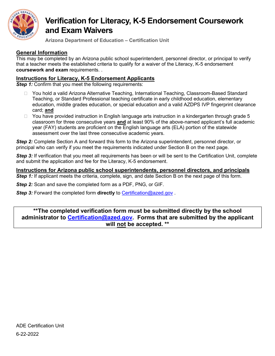 Verification for Literacy, K-5 Endorsement Coursework and Exam Waivers - Arizona, Page 1