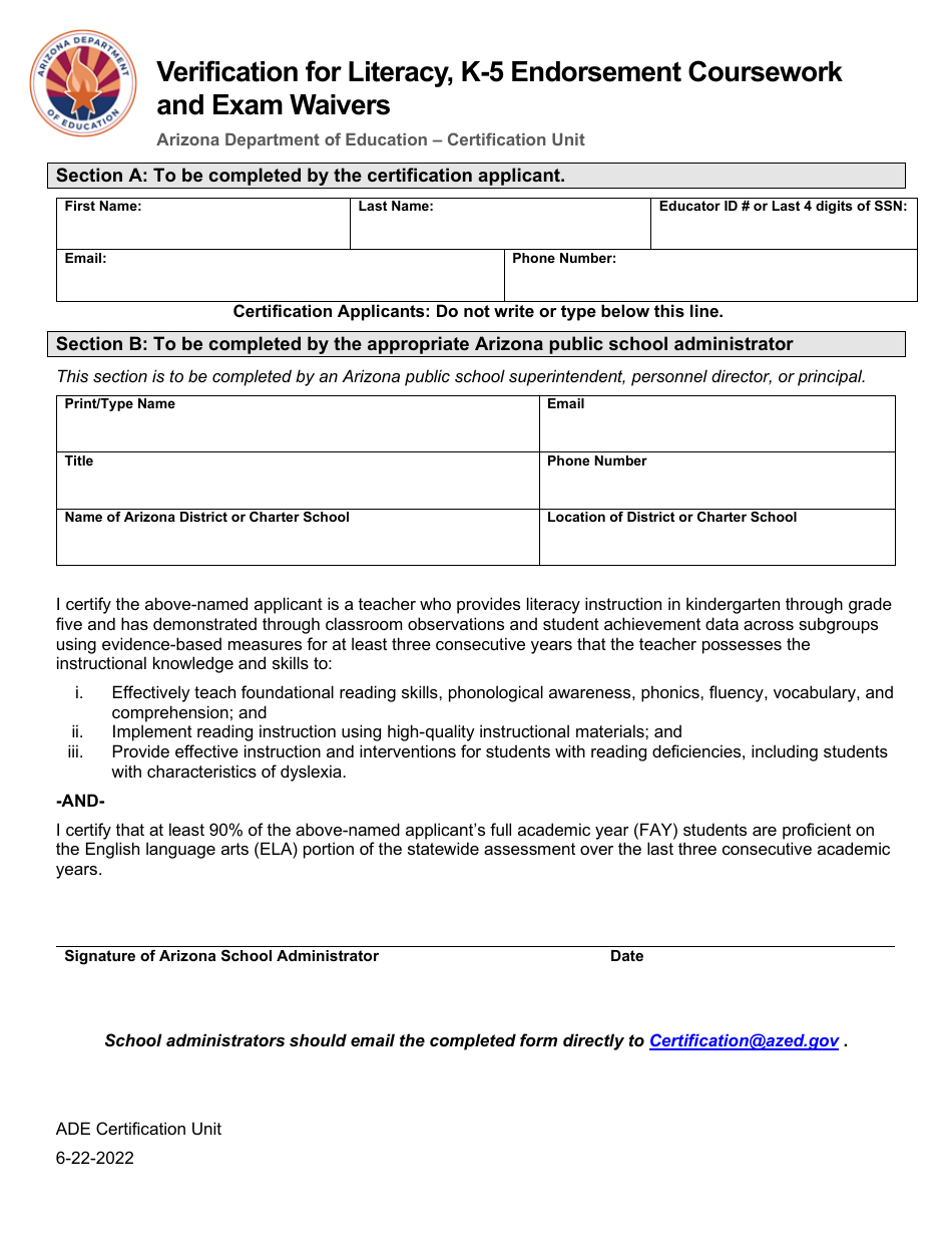 Verification for Literacy, K-5 Endorsement Coursework and Exam Waivers - Arizona, Page 2