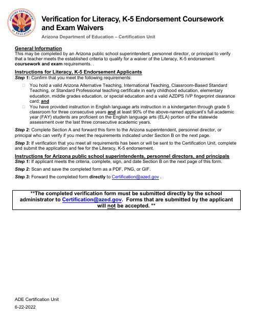 Verification for Literacy, K-5 Endorsement Coursework and Exam Waivers - Arizona Download Pdf