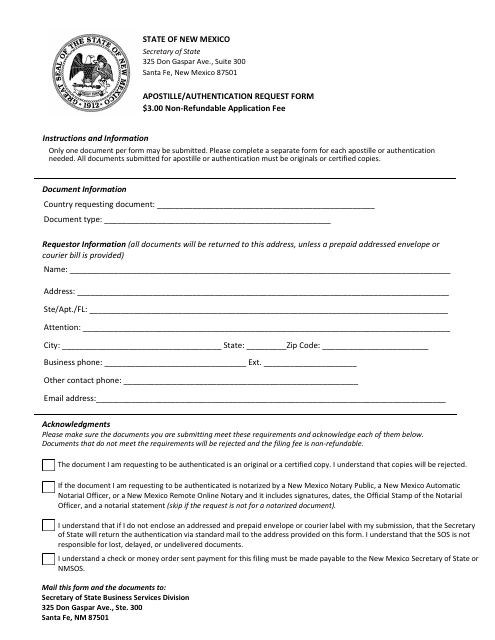 Apostille / Authentication Request Form - New Mexico Download Pdf