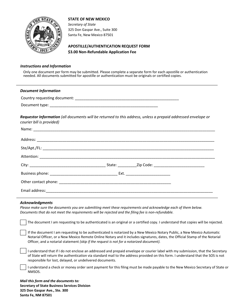 Apostille / Authentication Request Form - New Mexico, Page 1