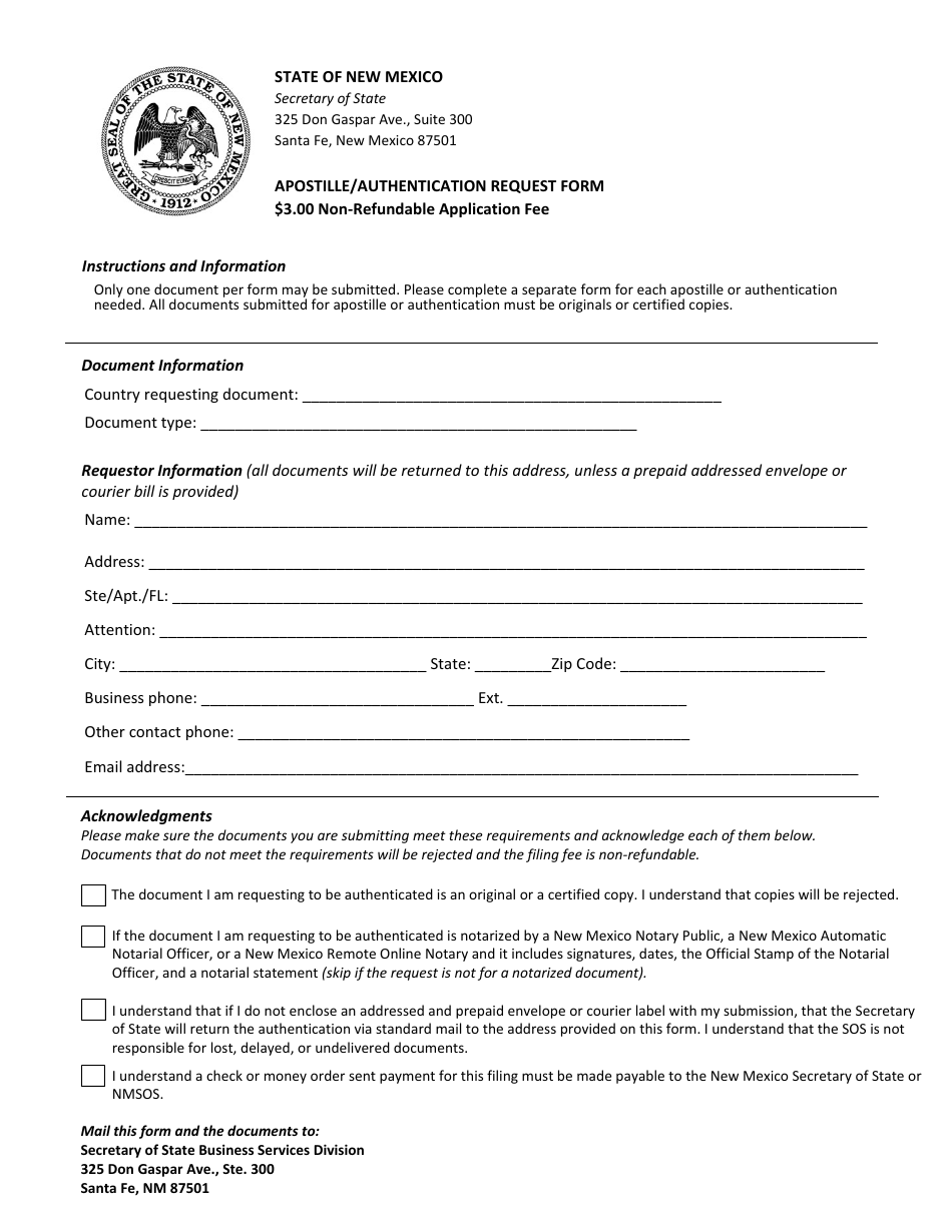 New Mexico Apostille Authentication Request Form Fill Out Sign 