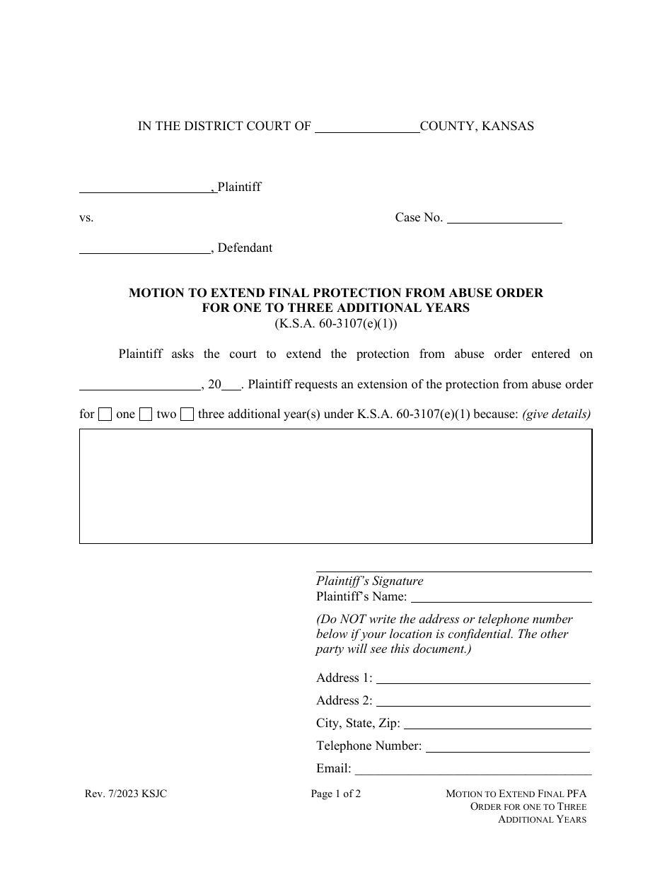 Kansas Motion to Extend Final Protection From Abuse Order for One to