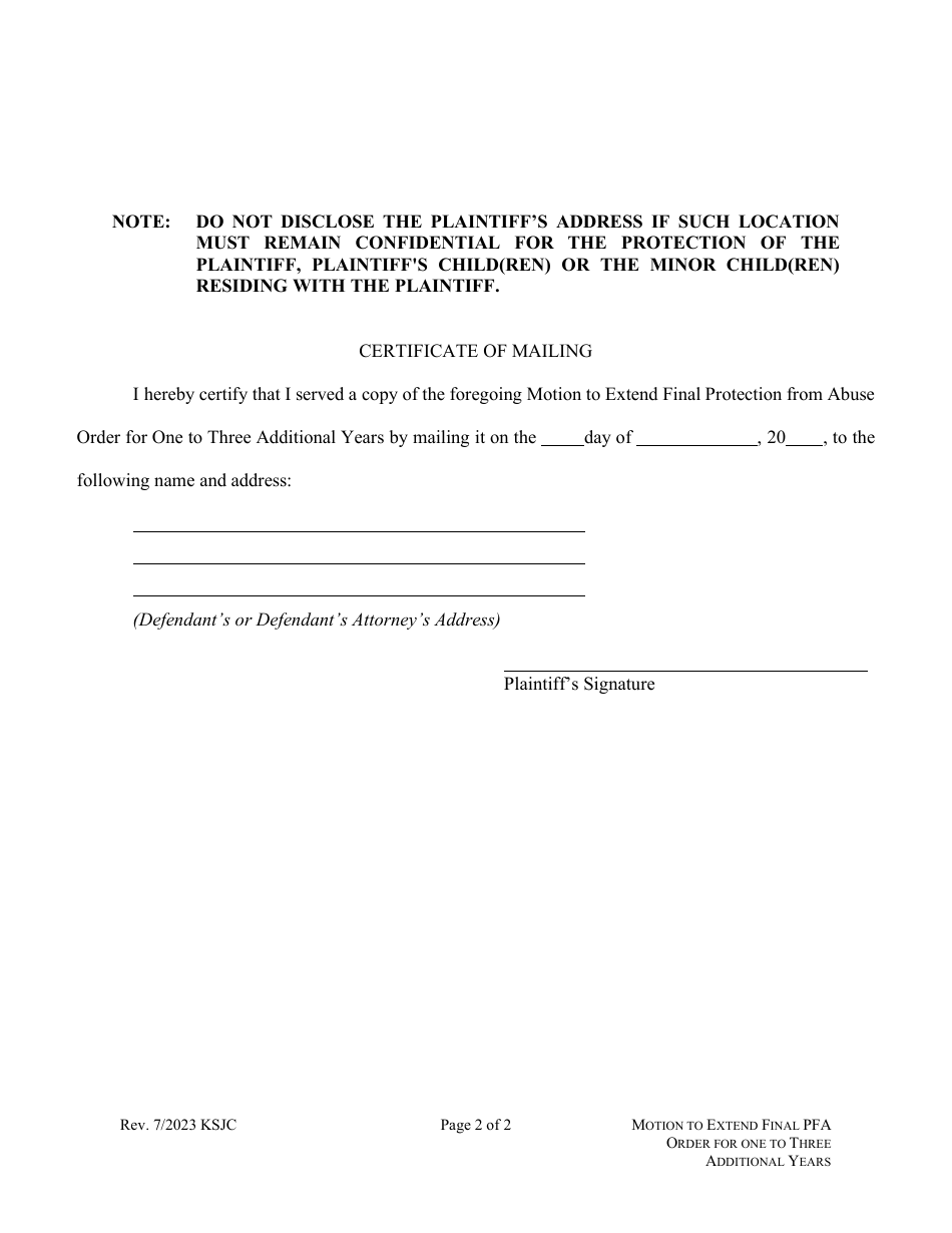 Motion to Extend Final Protection From Abuse Order for One to Three Additional Years - Kansas, Page 2