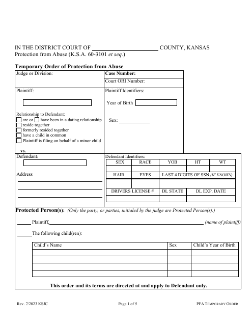 Temporary Order of Protection From Abuse - Kansas Download Pdf