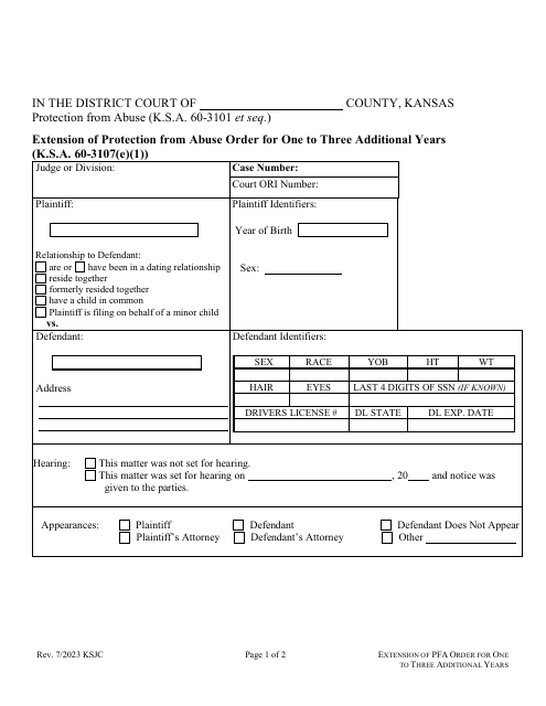 Extension of Protection From Abuse Order for One to Three Additional Years - Kansas Download Pdf