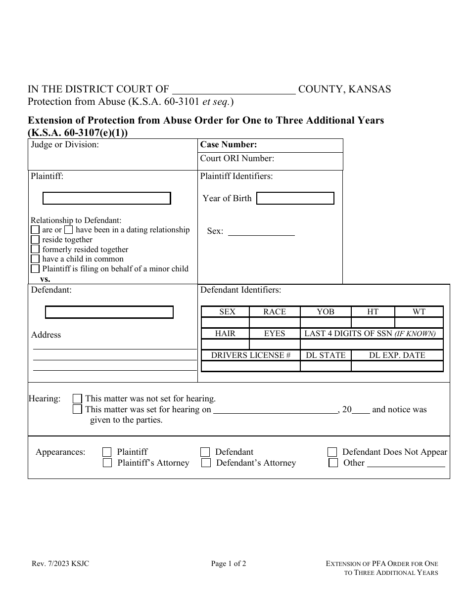 Kansas Extension of Protection From Abuse Order for One to Three Additional Years Fill Out