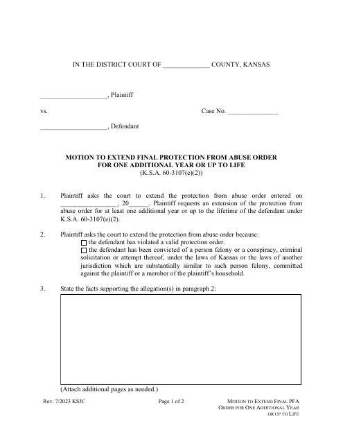 Motion to Extend Final Protection From Abuse Order for One Additional Year or up to Life - Kansas Download Pdf