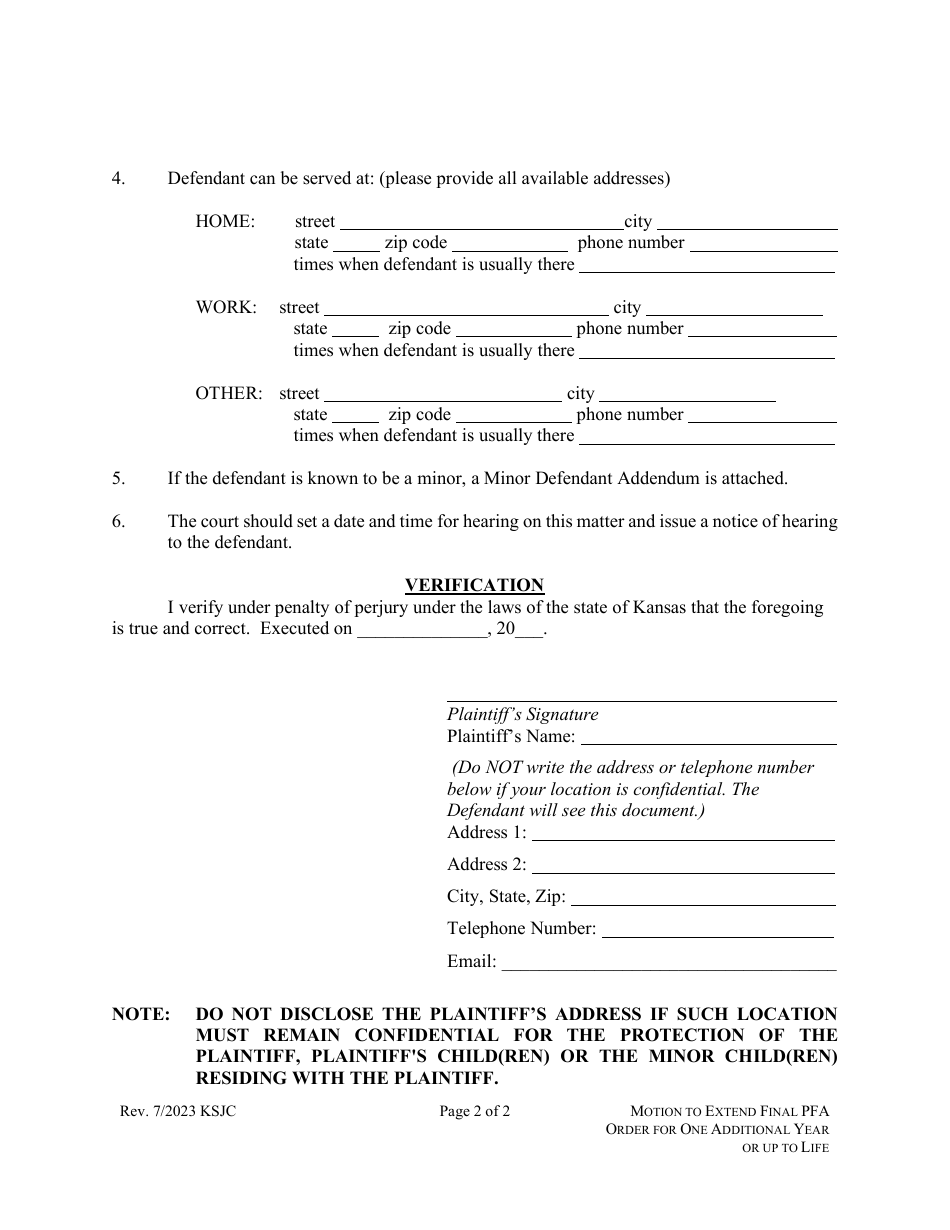 Motion to Extend Final Protection From Abuse Order for One Additional Year or up to Life - Kansas, Page 2
