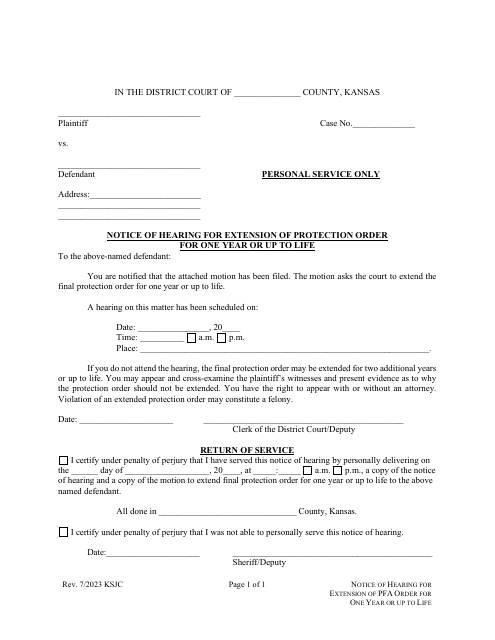 Notice of Hearing for Extension of Protection Order for One Year or up to Life - Kansas