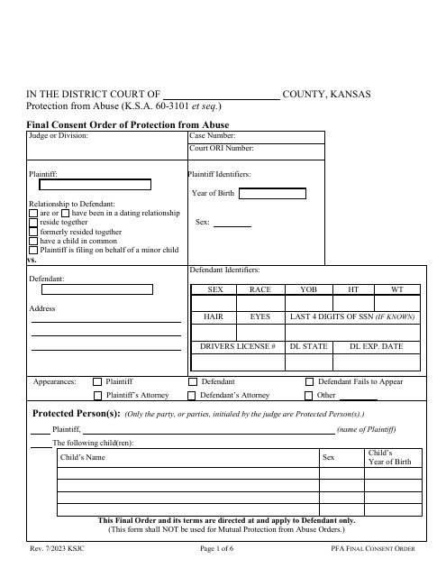 Final Consent Order of Protection From Abuse - Kansas Download Pdf