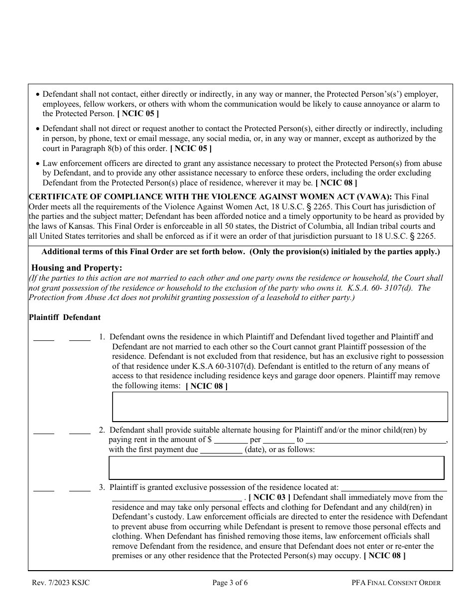 Final Consent Order of Protection From Abuse - Kansas, Page 3