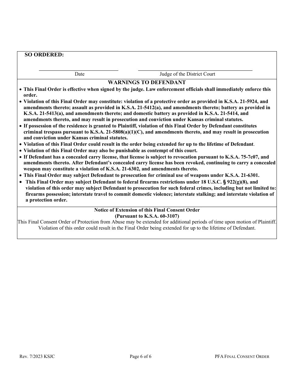 Final Consent Order of Protection From Abuse - Kansas, Page 6