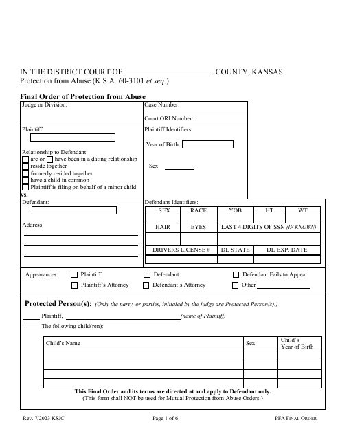 Final Order of Protection From Abuse - Kansas Download Pdf