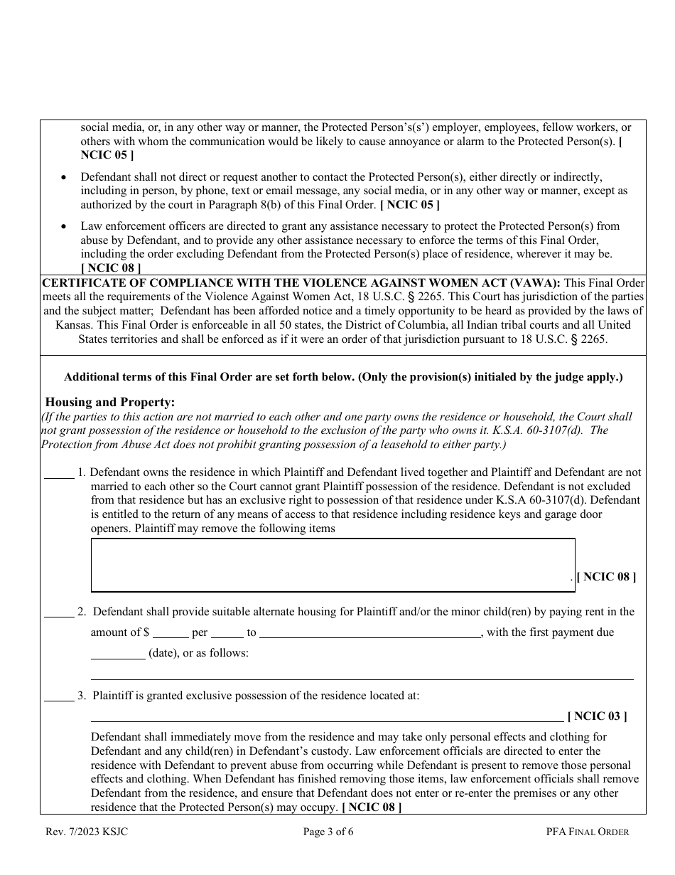 Final Order of Protection From Abuse - Kansas, Page 3