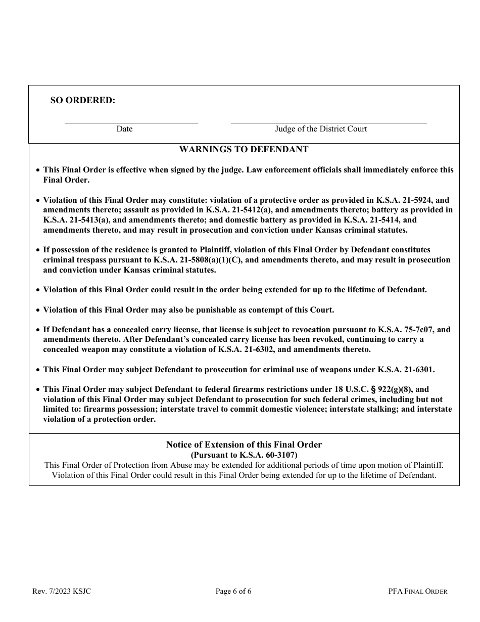 Final Order of Protection From Abuse - Kansas, Page 6