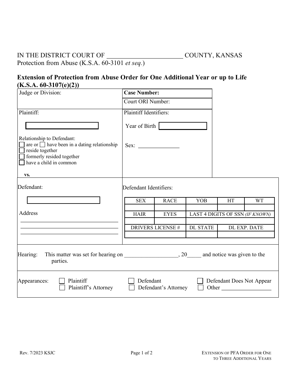 Kansas Extension of Protection From Abuse Order for One Additional Year or up to Life Fill Out