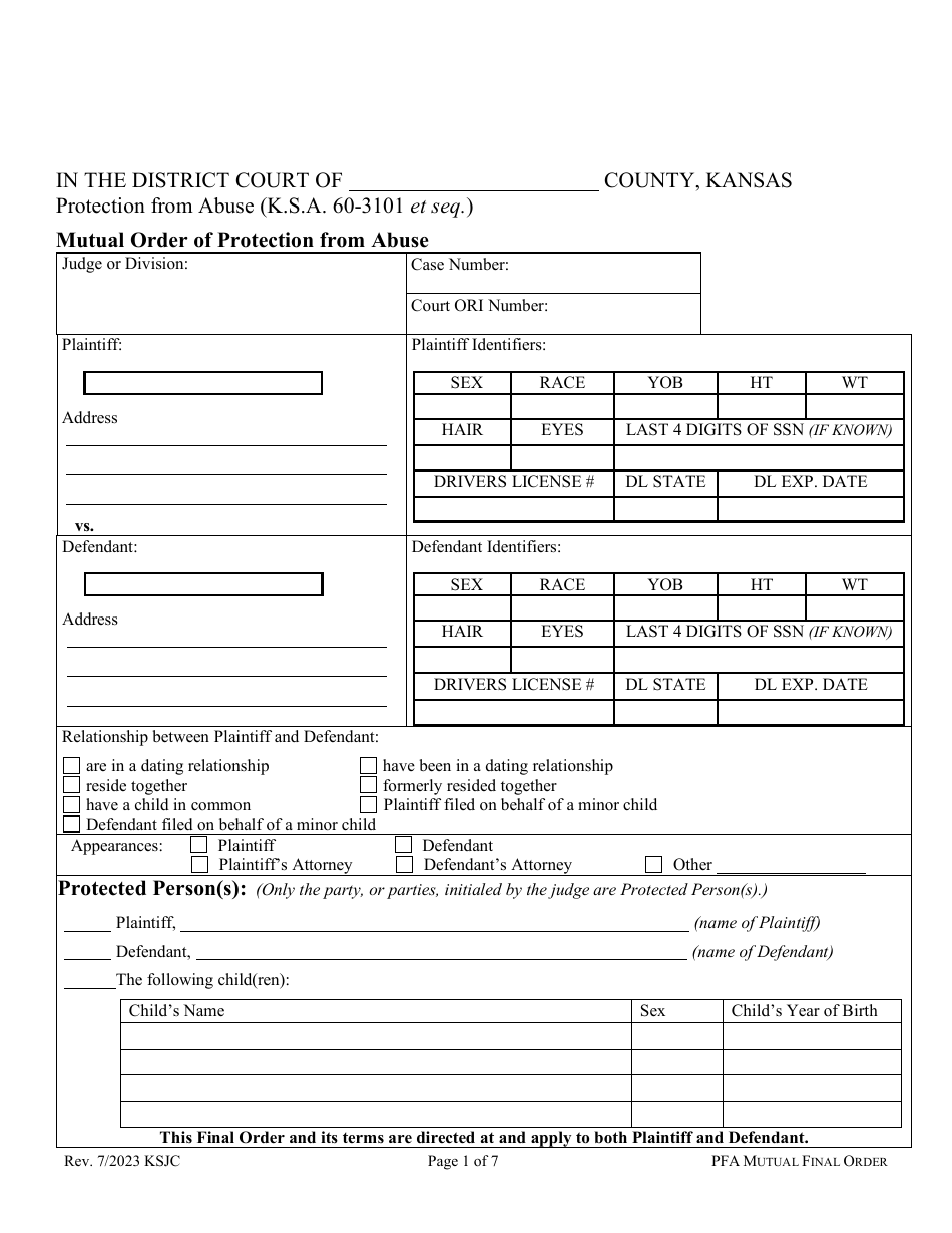 Kansas Mutual Order of Protection From Abuse Download Fillable PDF 2019