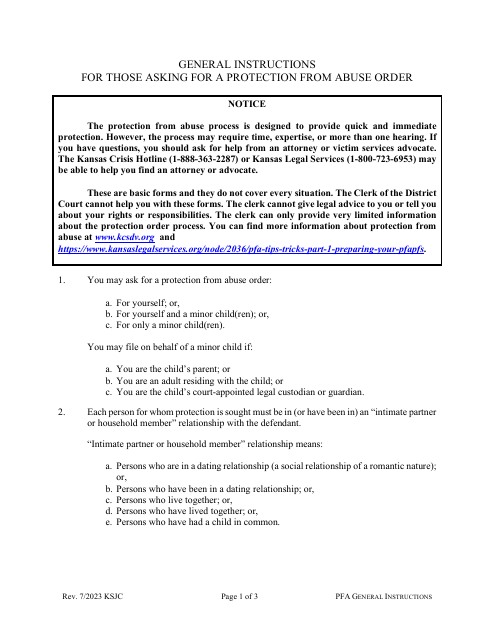General Instructions for Seeking a Protection From Abuse Order - Kansas Download Pdf